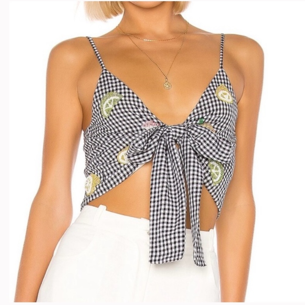 Lovers + Friends | Gingham Plaid Embroidered Fruit Tie-Front Cami Top NWT | Sz S